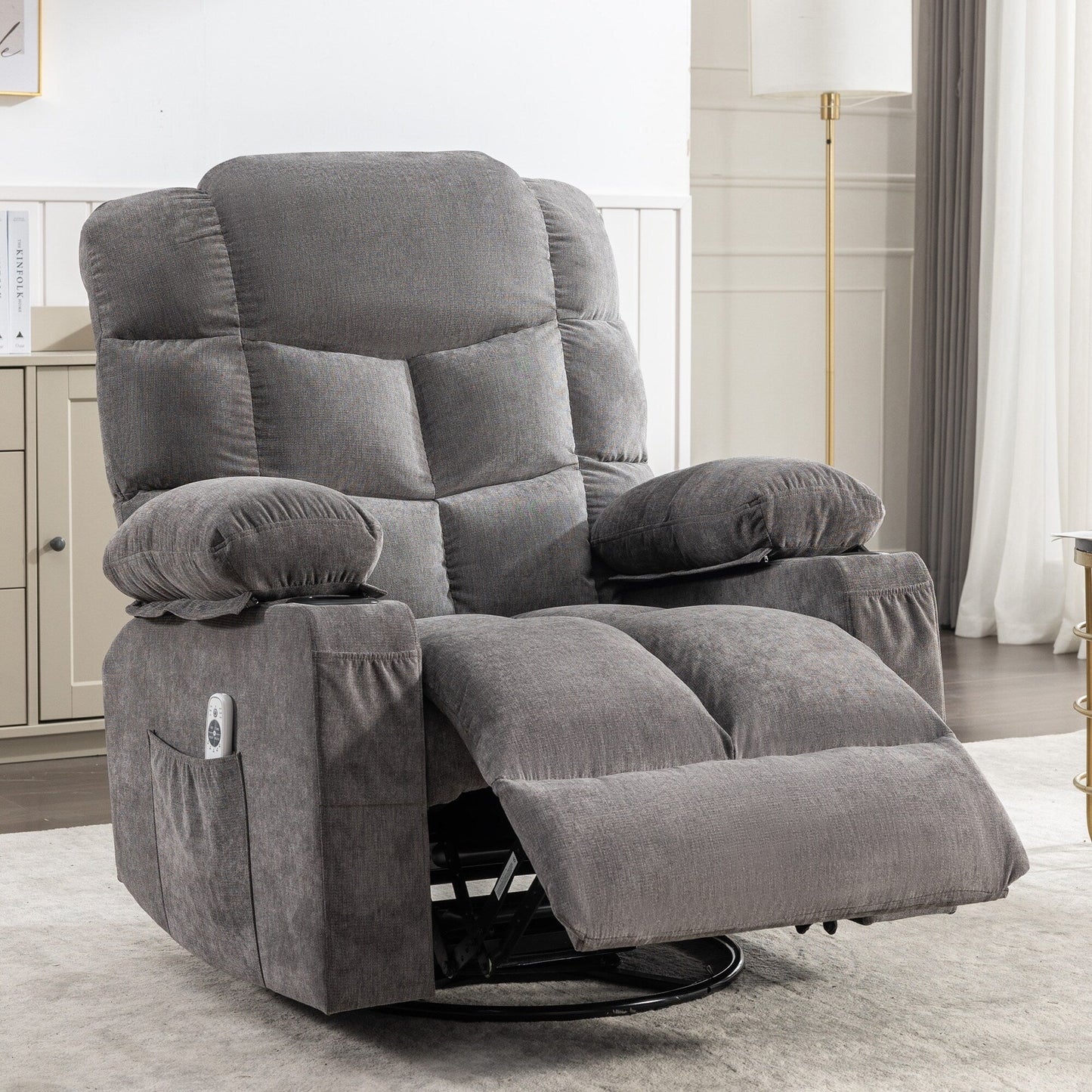 Grey Oversized Rocker Recliner with Heat & USB Charging
