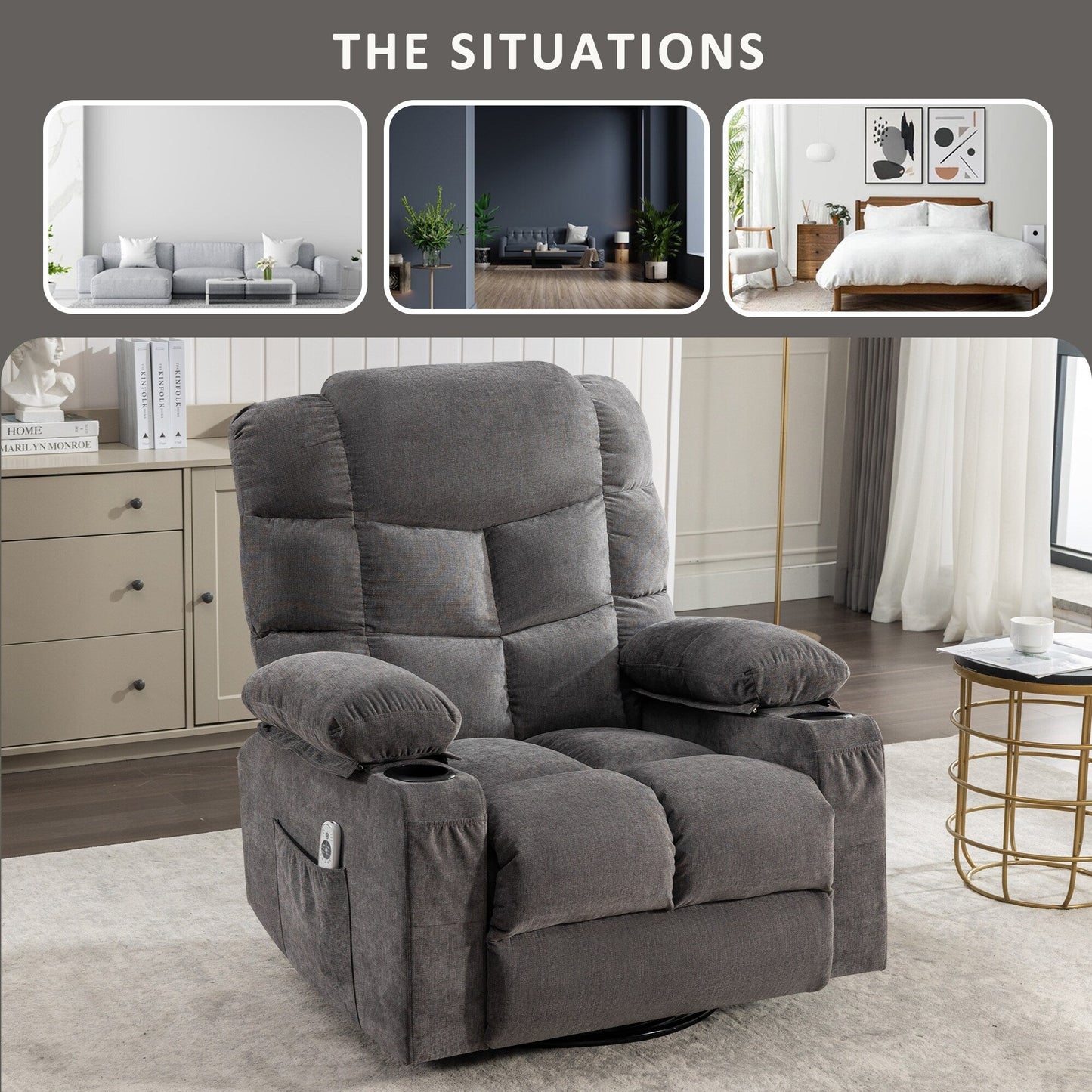Grey Oversized Rocker Recliner with Heat & USB Charging