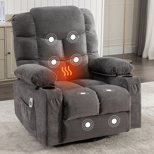 Grey Oversized Rocker Recliner with Massage, Heat, USB, and Cup Holders