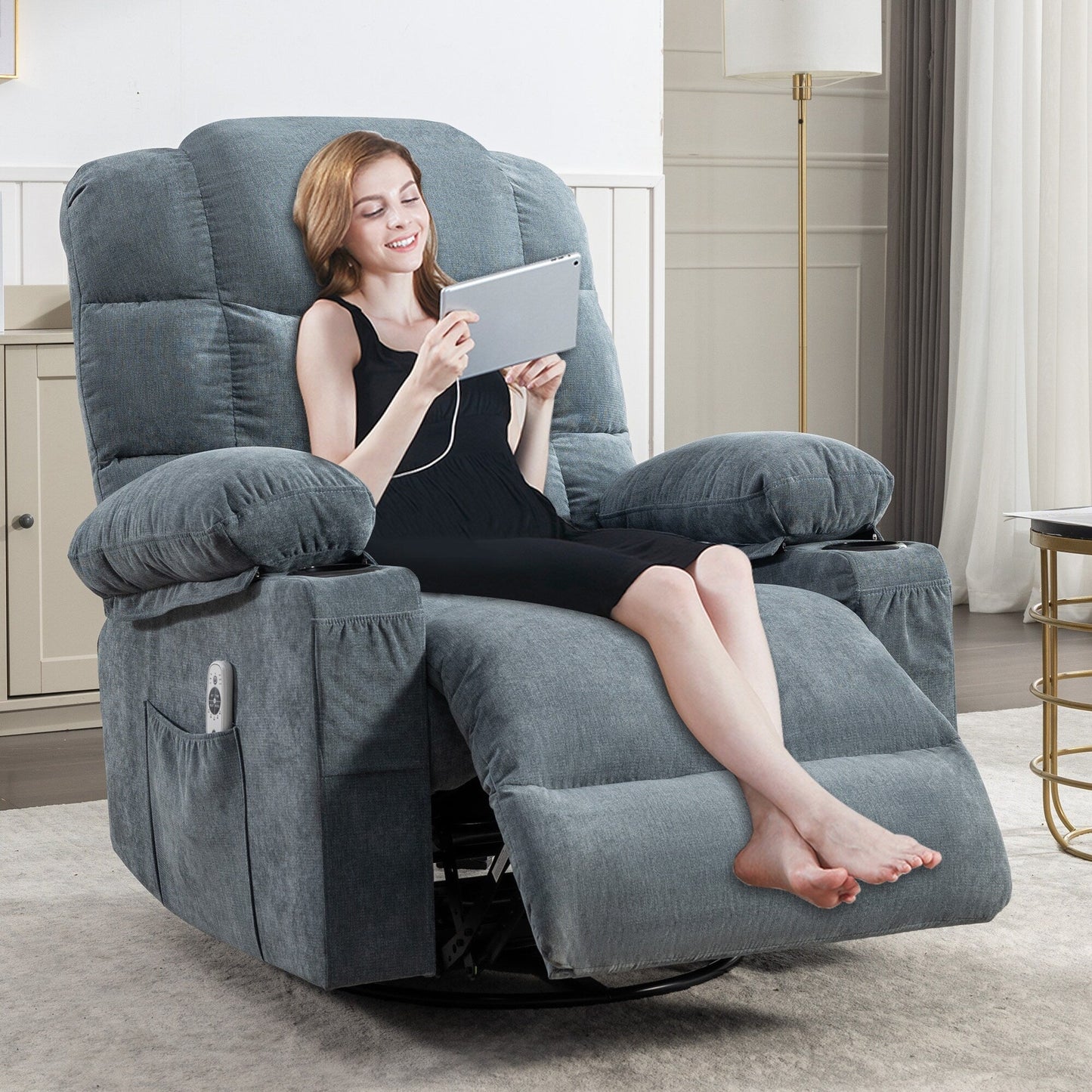 Grey Oversized Rocker Recliner with Massage, Heat, USB, and Cup Holders