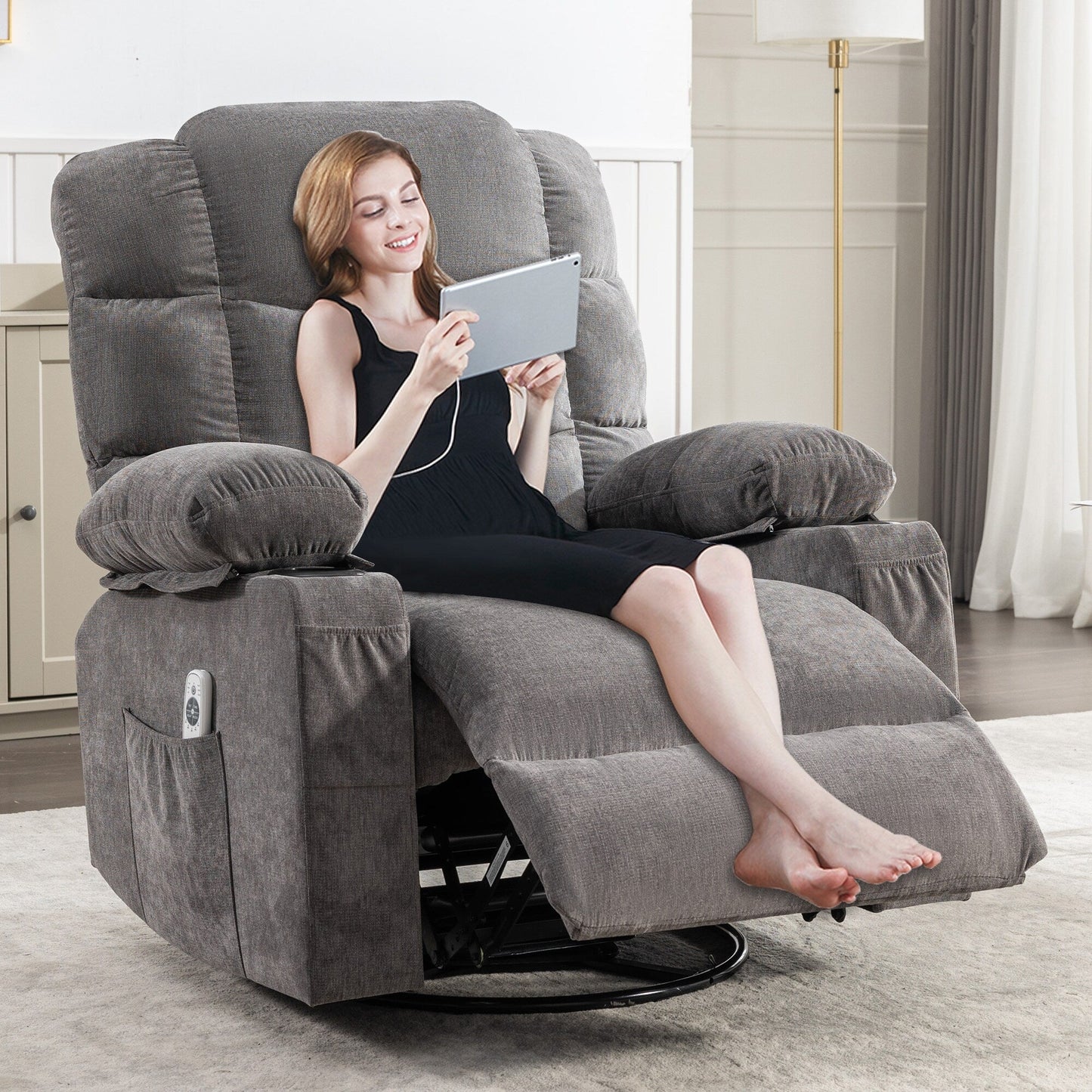 Grey Oversized Rocker Recliner with Vibration Massage, Heating, USB Port, Dual Cup Holders, and Side Pockets