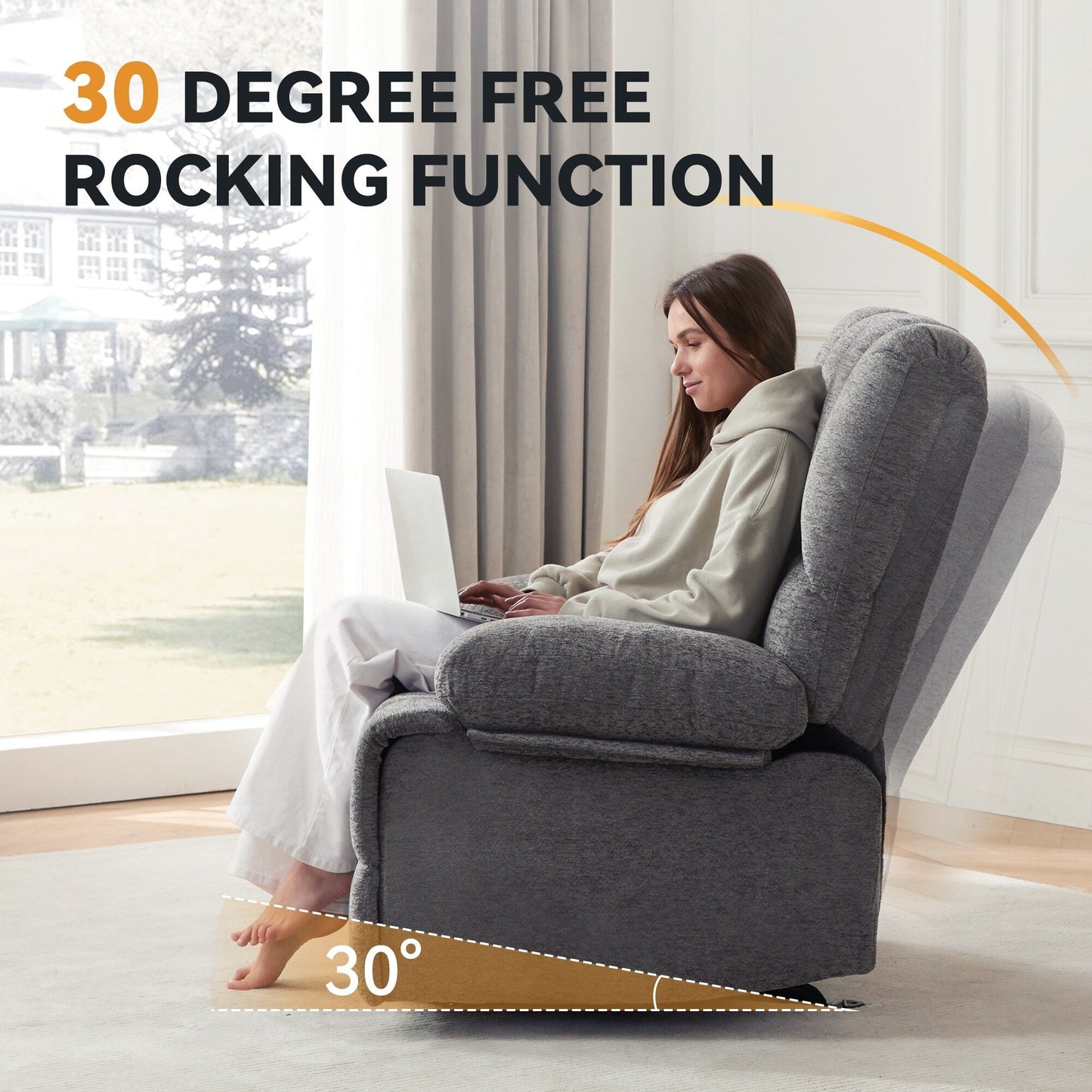 Grey Oversized Rocking Recliner with 30° Rocking and 160° Recline