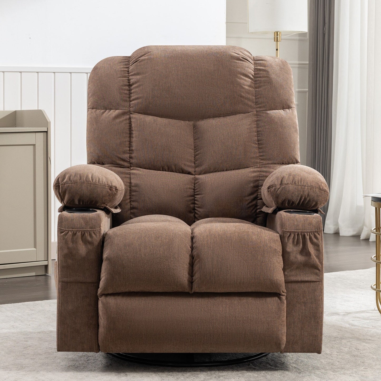 Grey Oversized Rocking Recliner with Vibration Massage, Heating, USB Port, Dual Cup Holders, and Side Storage