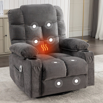 Grey Oversized Rocking Recliner with Vibration Massage, Heating, USB Port, Dual Cup Holders, and Side Storage