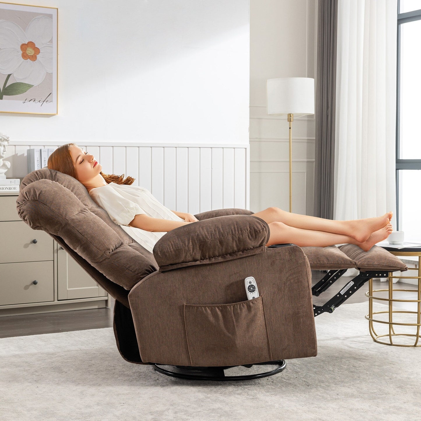 Grey Oversized Rocking Recliner with Vibration Massage, Heating, USB Port, Dual Cup Holders, and Side Storage