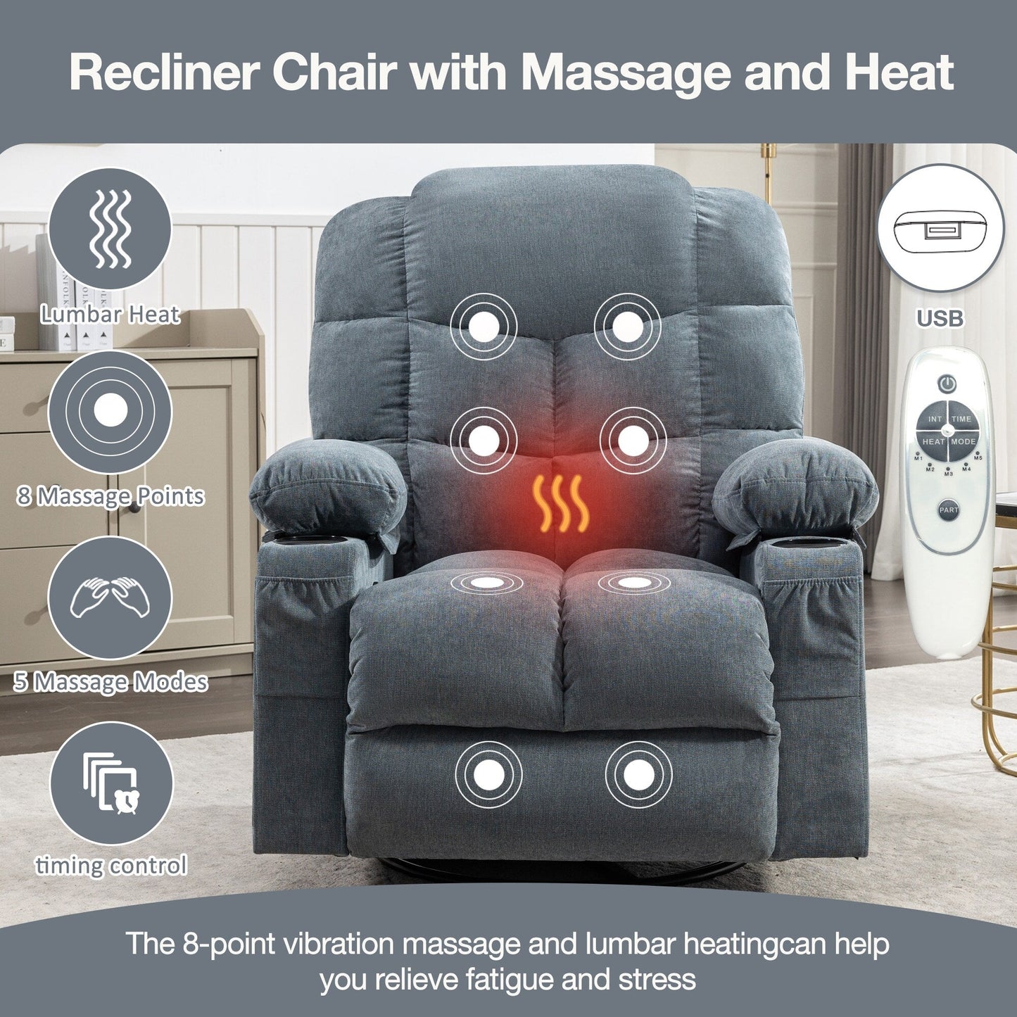 Grey Oversized Rocking Recliner with Vibration Massage, Heating, USB Port, Dual Cup Holders, and Storage Pouch
