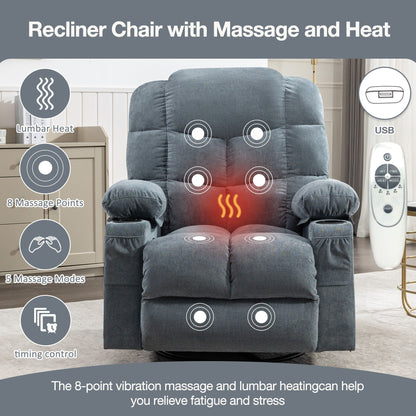 Grey Oversized Rocking Recliner with Vibration Massage, Heating, USB Port, Dual Cup Holders, and Storage Pouch