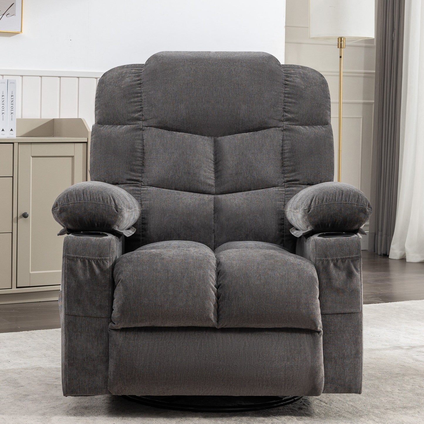 Grey Oversized Rocking Recliner with Vibration Massage, Heating, USB Port, Dual Cup Holders, and Storage Pouch