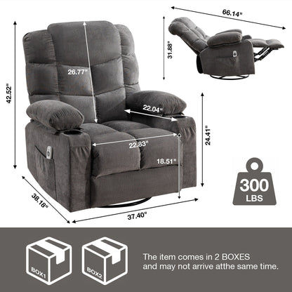 Grey Oversized Rocking Recliner with Vibration Massage, Heating, USB Port, Dual Cup Holders, and Storage Pouch