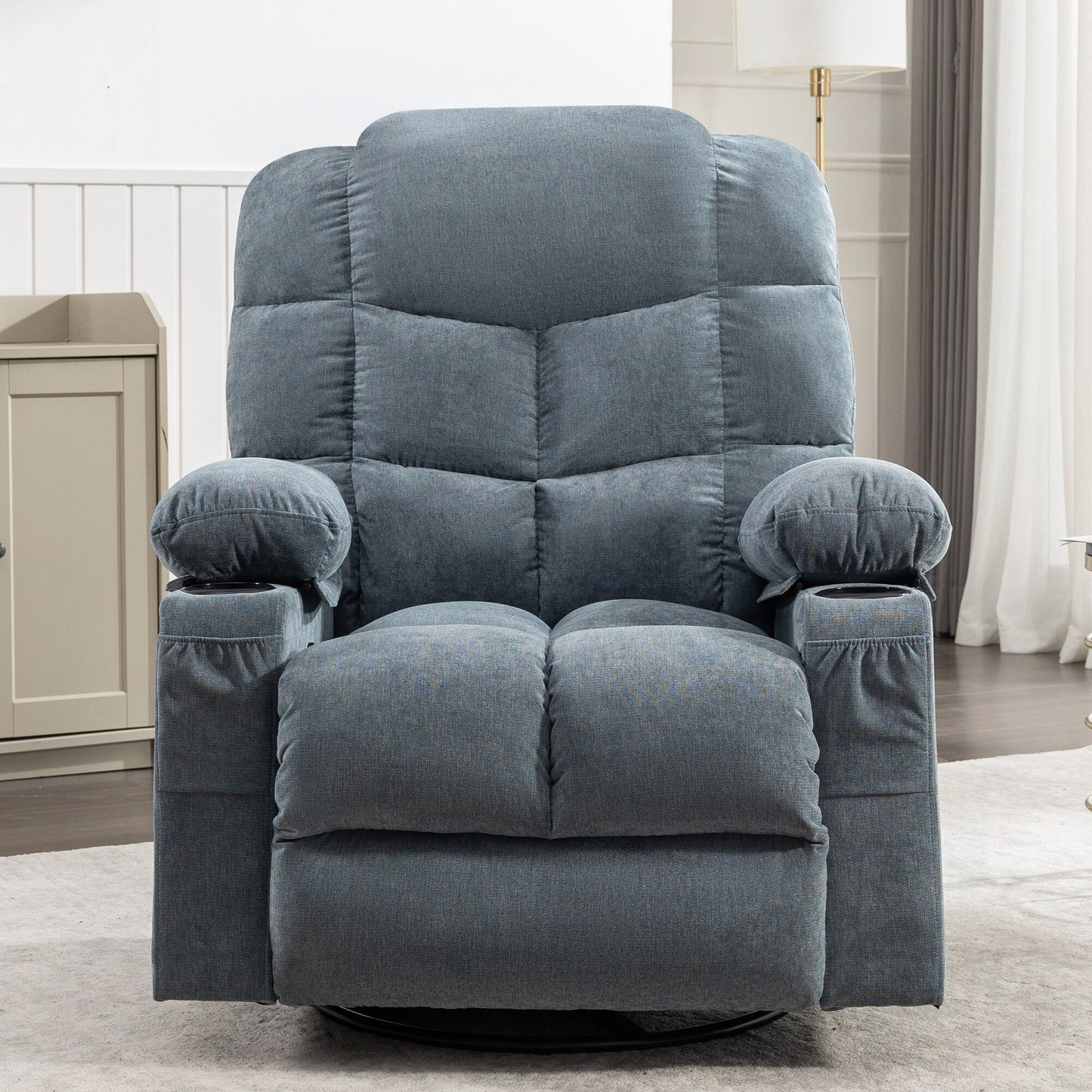 Grey Oversized Rocking Recliner with Vibration Massage, Heating, USB Port, Dual Cup Holders, and Storage Pouch