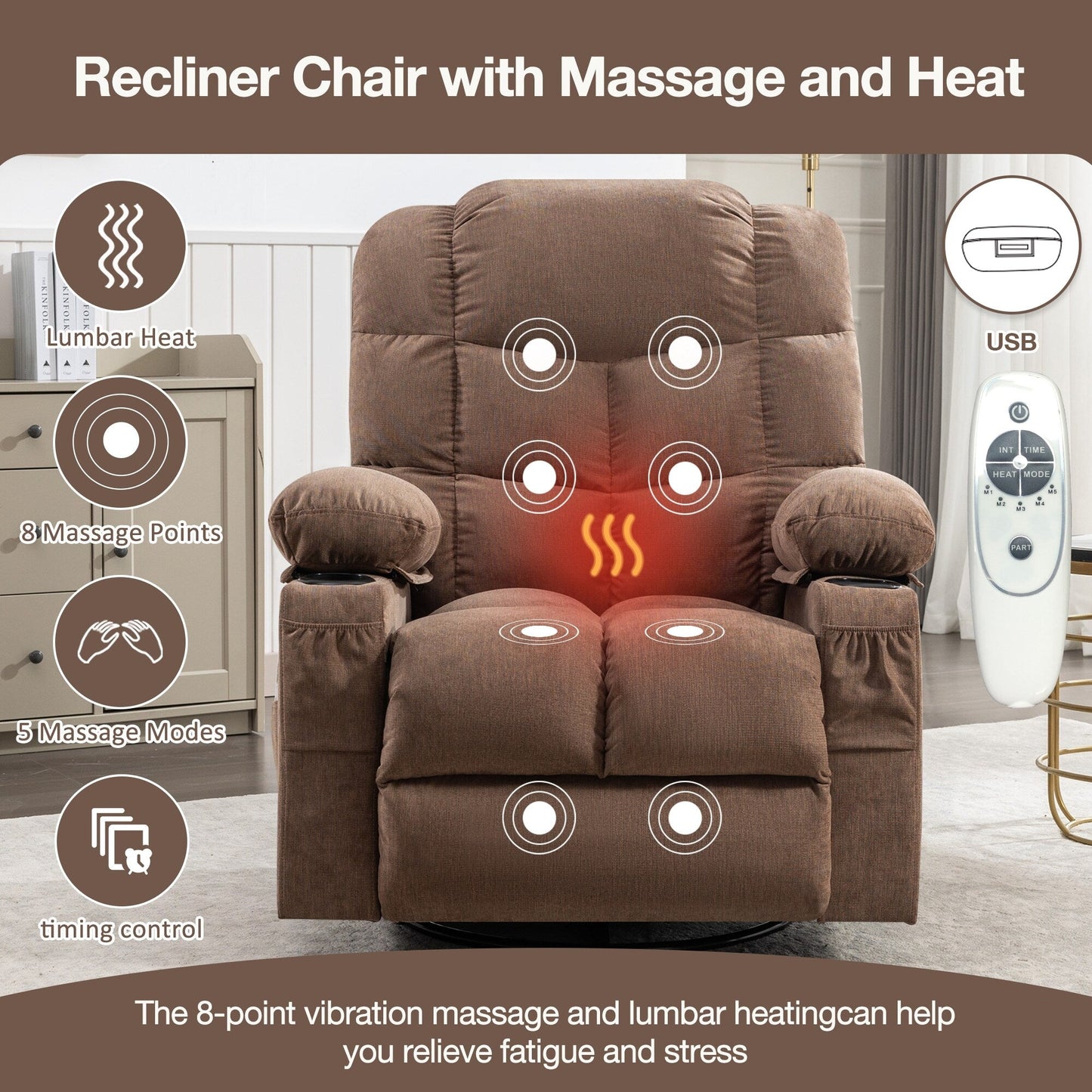 Grey Oversized Rocking Recliner with Vibration Massage, Heating, USB Port, Dual Cup Holders, and Storage Pouch