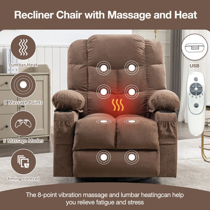 Grey Oversized Rocking Recliner with Vibration Massage, Heating, USB Port, Dual Cup Holders, and Storage Pouch