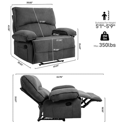 Grey Oversized Velvet Recliner with Massage Heating Lumbar Pillow, Pillow Top Arms, Side Pockets