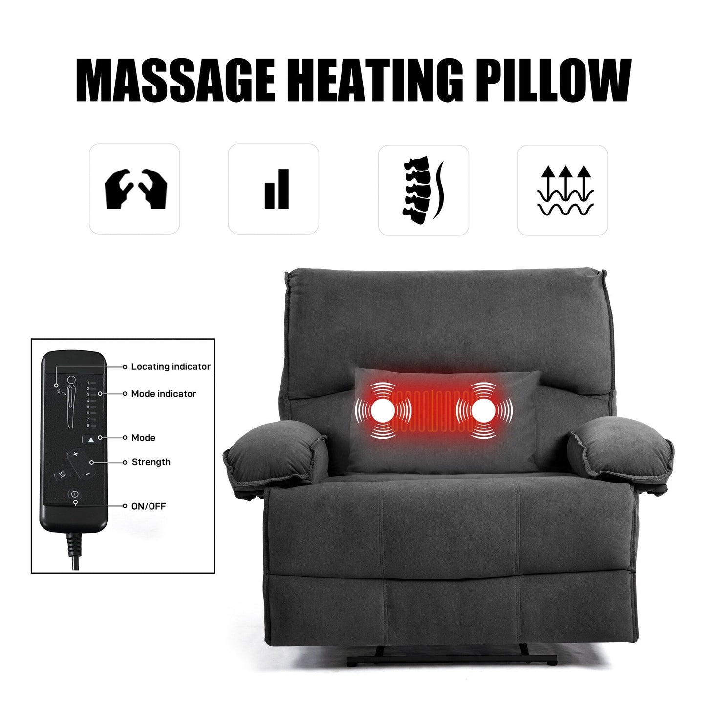 Grey Oversized Velvet Recliner with Massage Heating Lumbar Pillow, Pillow Top Arms, Side Pockets