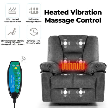 Grey Oversized Velvet Upholstered Power Lift Massage Recliner with 8-Point Vibration Massage, Lumbar Heating, Side Pockets