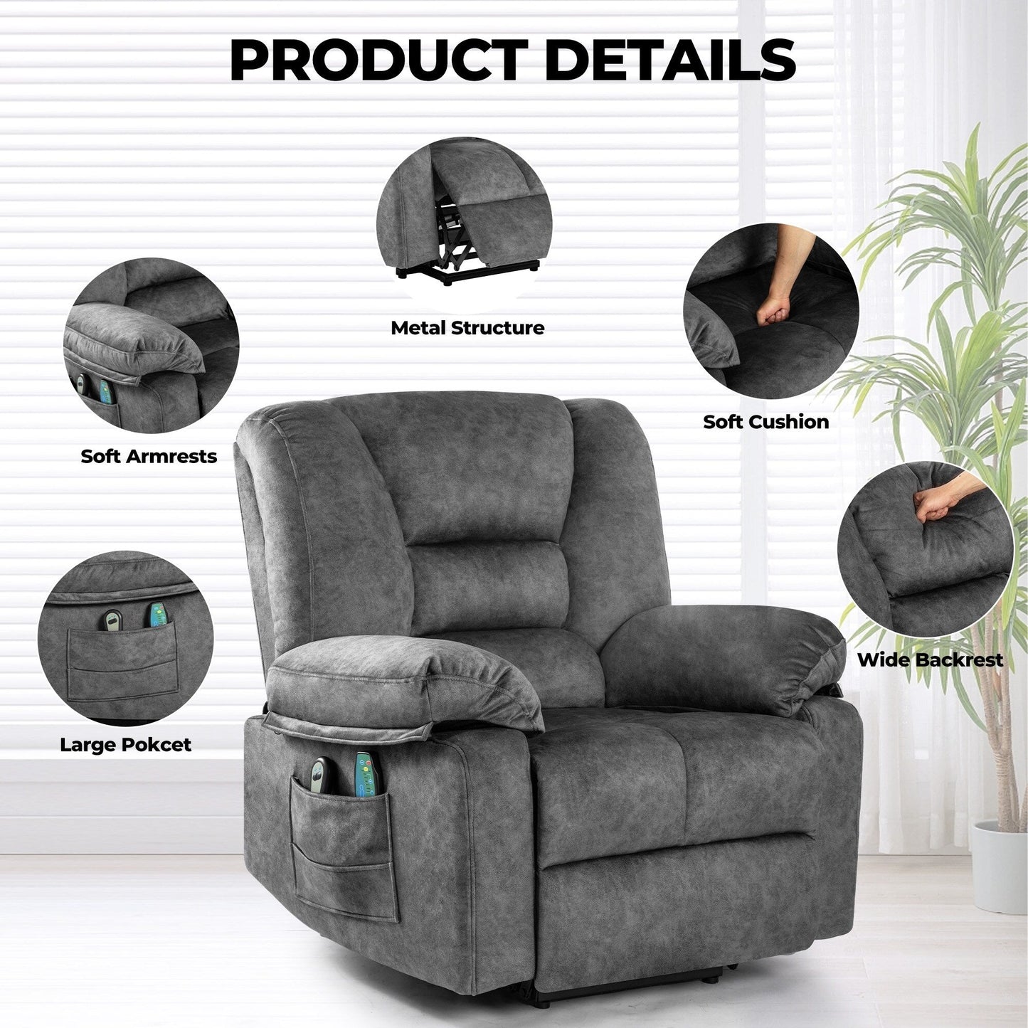 Grey Oversized Velvet Upholstered Power Lift Massage Recliner with 8-Point Vibration Massage, Lumbar Heating, Side Pockets