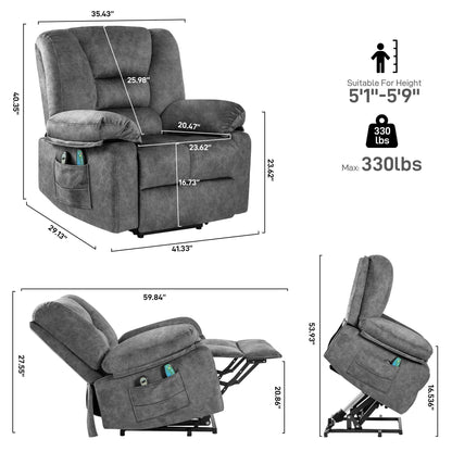 Grey Oversized Velvet Upholstered Power Lift Massage Recliner with 8-Point Vibration Massage, Lumbar Heating, Side Pockets