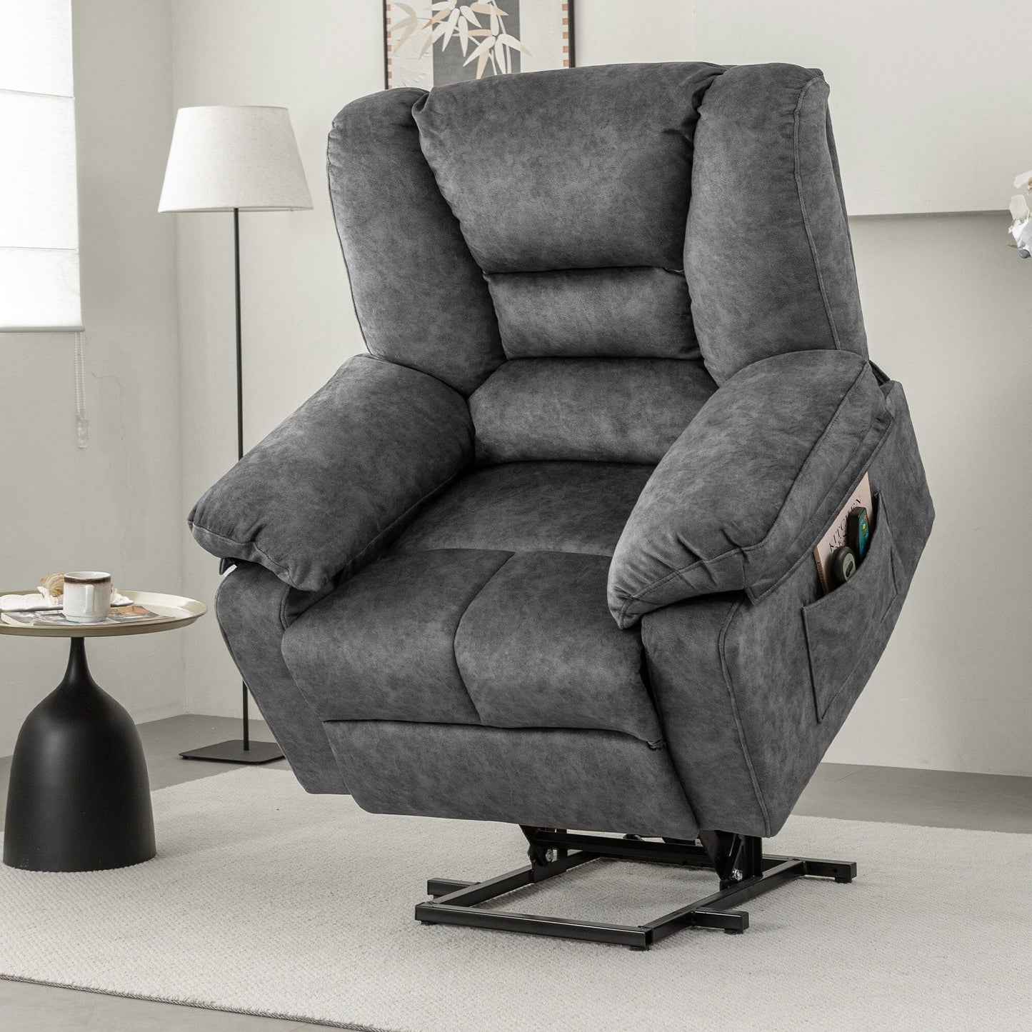 Grey Oversized Velvet Upholstered Power Lift Massage Recliner with 8-Point Vibration Massage, Lumbar Heating, Side Pockets