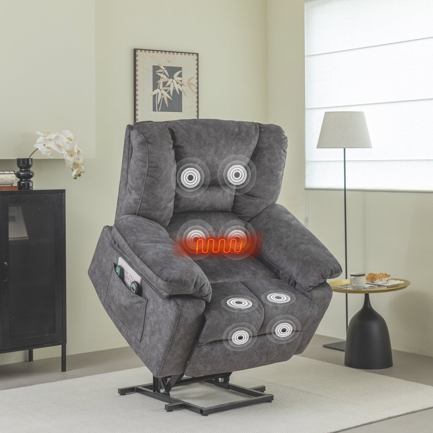 Grey Oversized Velvet Upholstered Power Lift Massage Recliner with 8-Point Vibration Massage, Lumbar Heating, Side Pockets