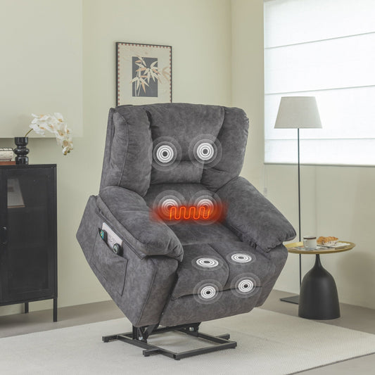 Grey Oversized Velvet Upholstered Power Lift Massage Recliner with 8-Point Vibration Massage, Lumbar Heating, Side Pockets