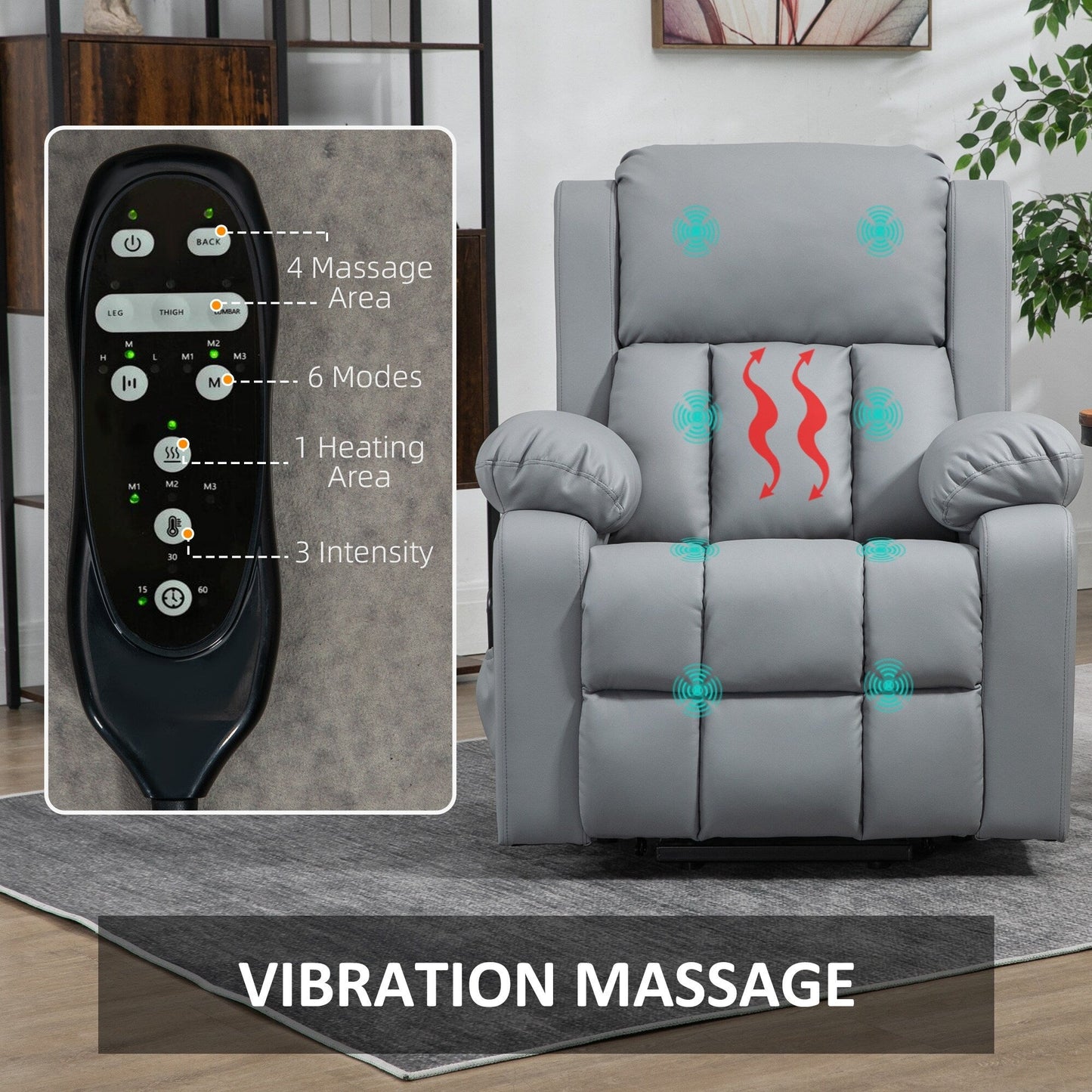 Grey PU Leather Lift Recliner with Massage, Heat, and Remote Control
