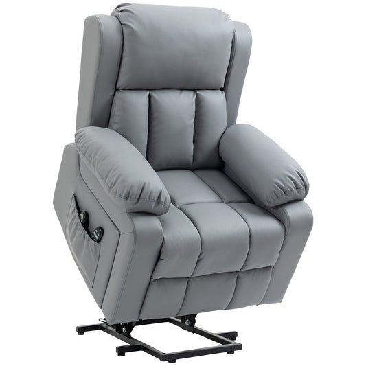Grey PU Leather Lift Recliner with Vibration Massage, Heating, Remote Control, and Side Pockets