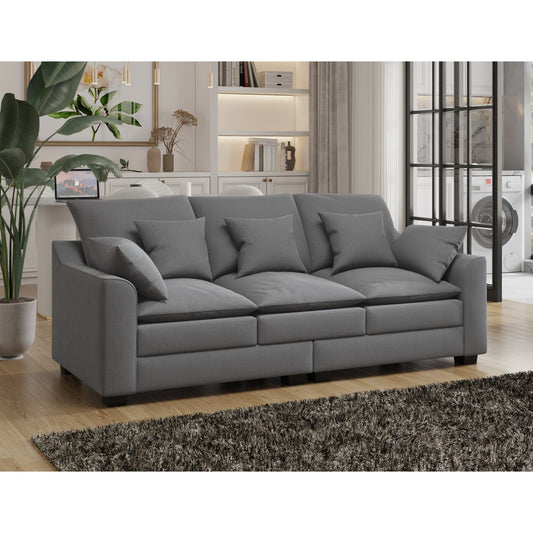 Grey Polyester 3-seater Sofa with Pillows and Wood Legs