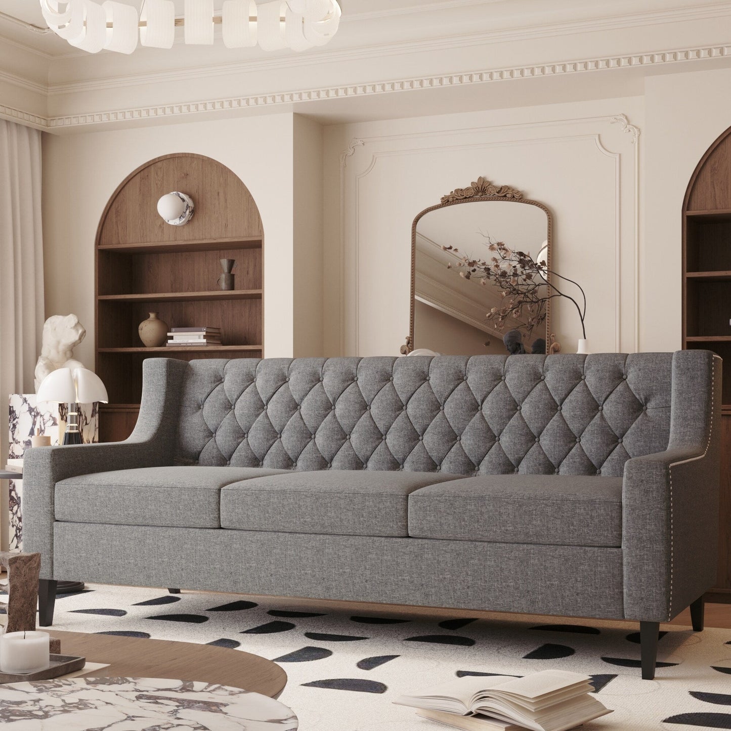 Grey Polyester 3-seater Sofa with Tufted Backrest