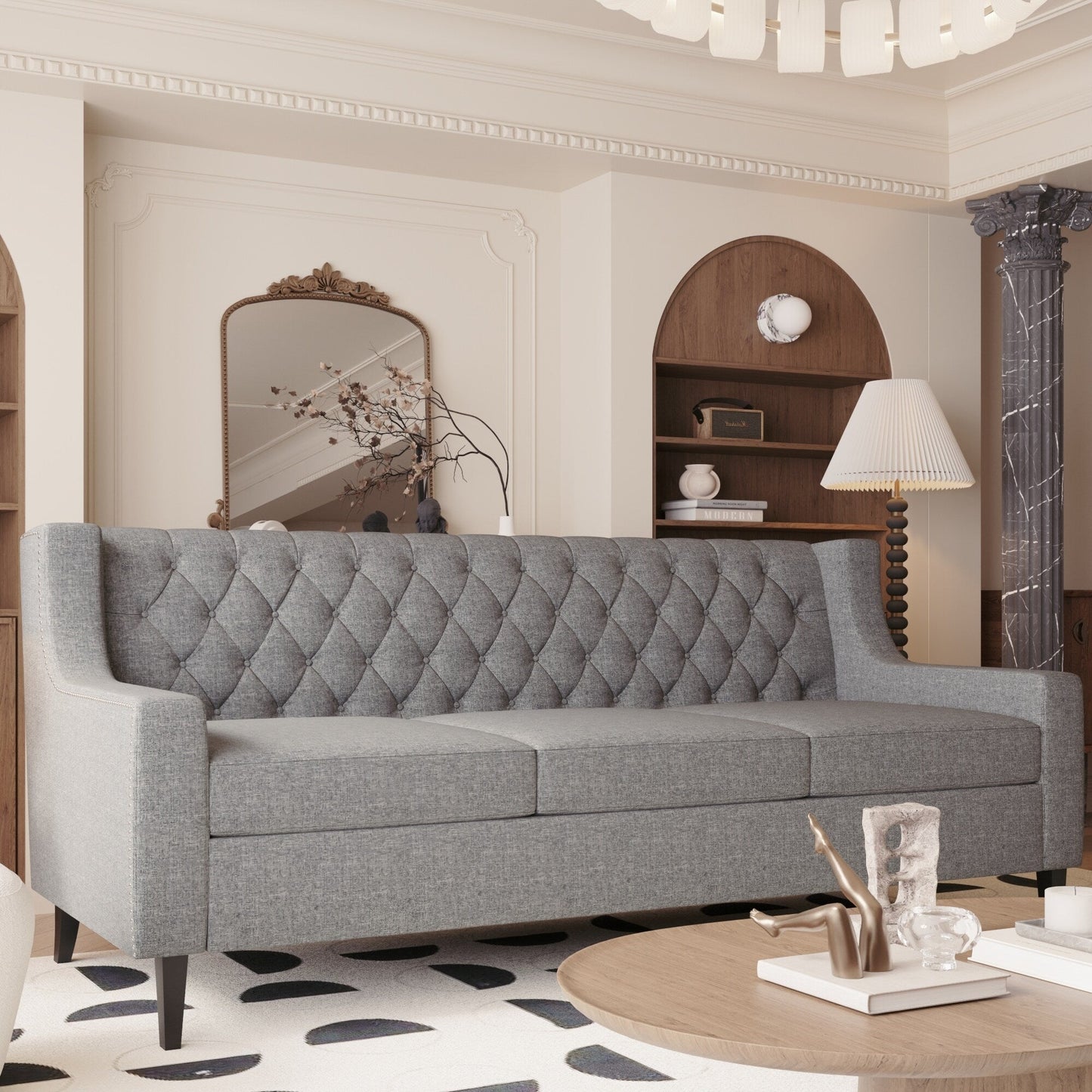 Grey Polyester 3-seater Sofa with Tufted Backrest