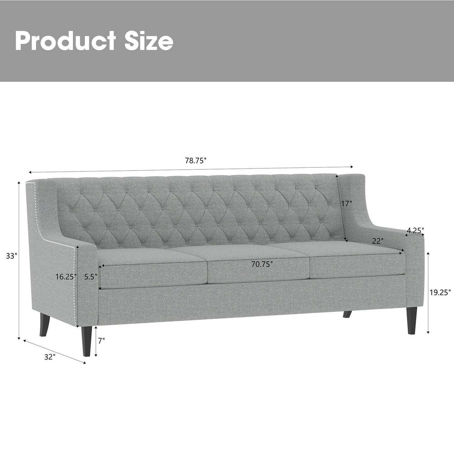 Grey Polyester 3-seater Sofa with Tufted Backrest