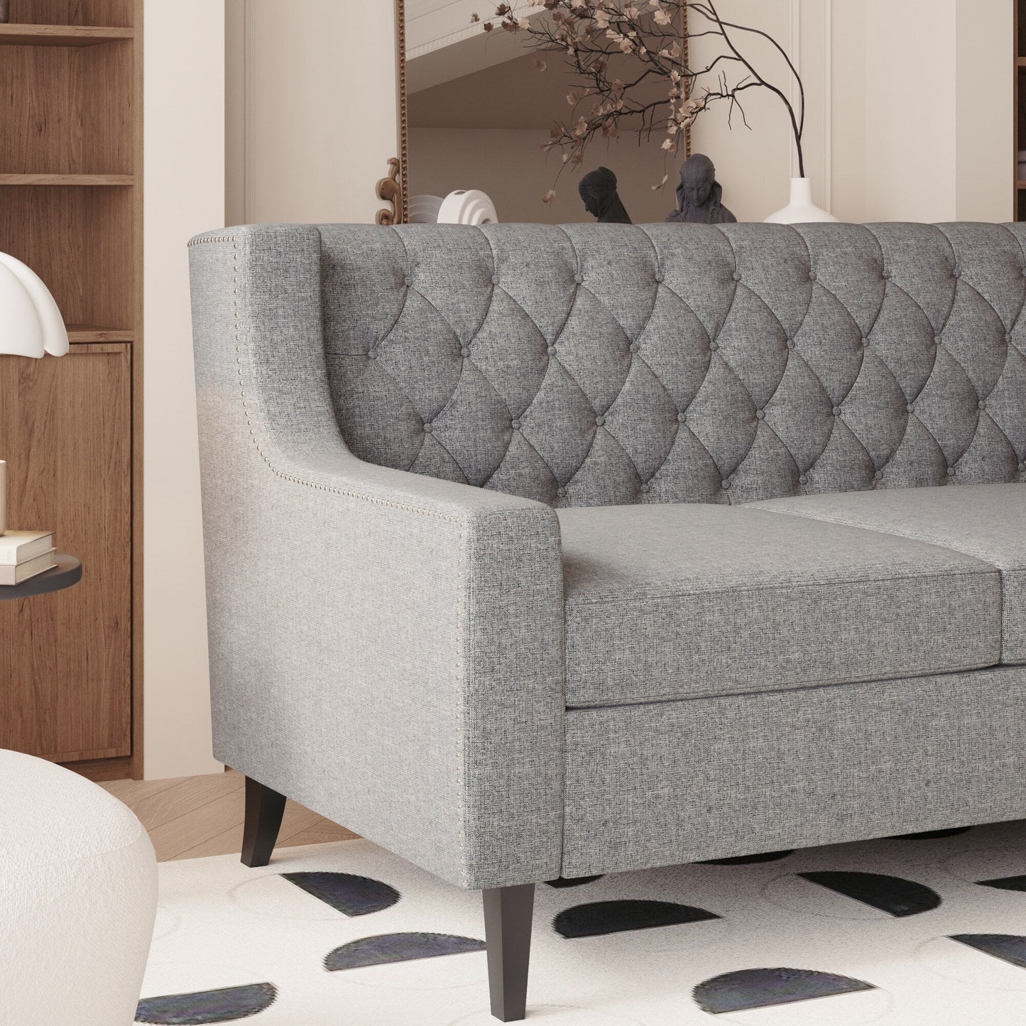 Grey Polyester 3-seater Sofa with Tufted Backrest