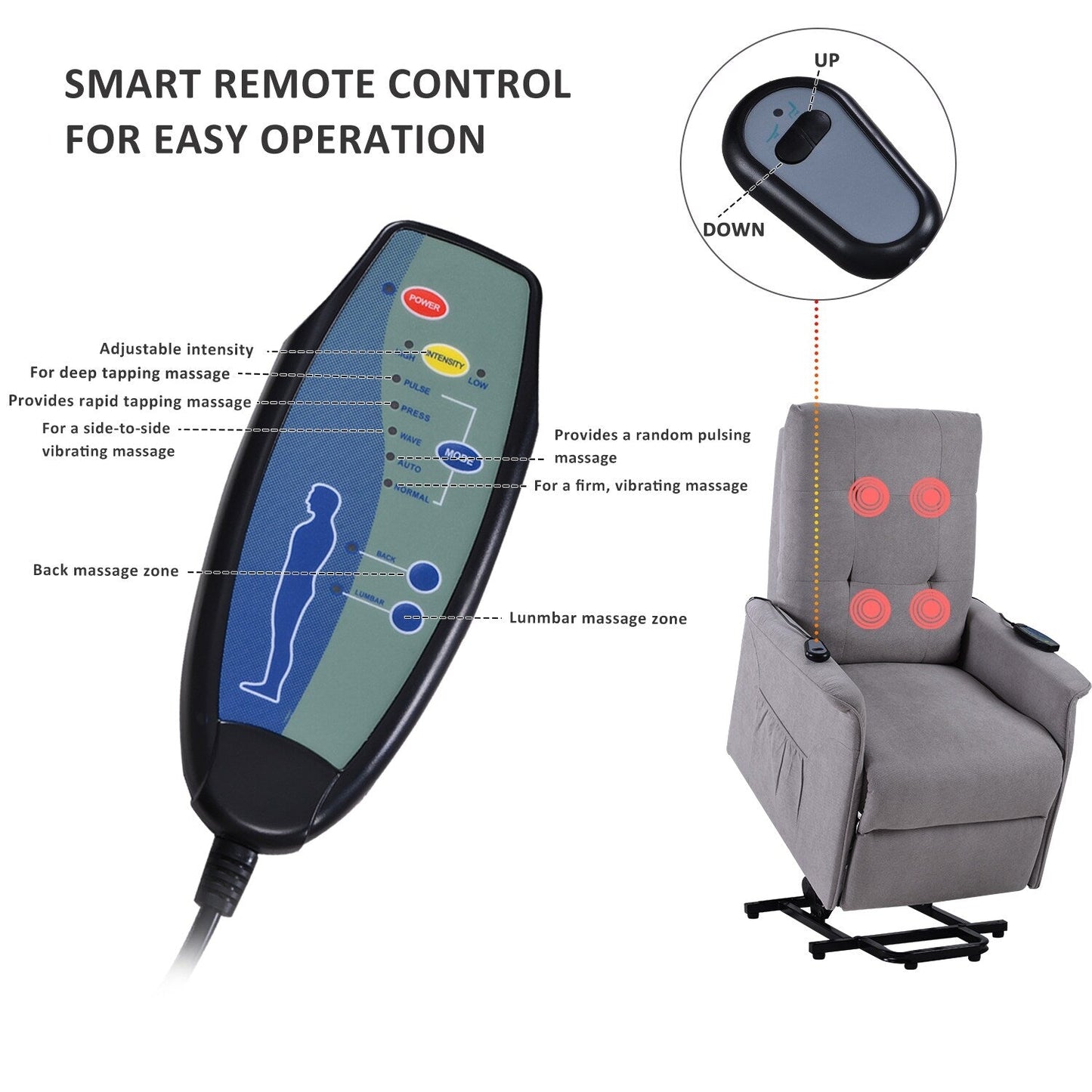 Grey Power Lift Recliner Chair for Elderly with Adjustable Massage, Overstuffed Cushion, Remote Control and Side Pockets