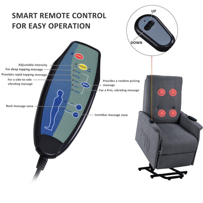 Grey Power Lift Recliner Chair for Elderly with Adjustable Massage, Overstuffed Cushion, Remote Control and Side Pockets
