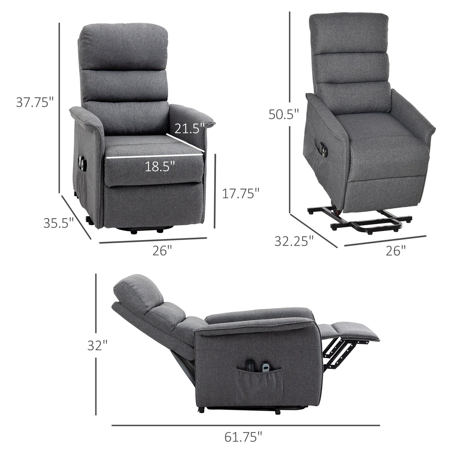 Grey Power Lift Recliner Chair for Elderly with Vibration Massage, Remote Control, Side Pockets, and Fabric Upholstery