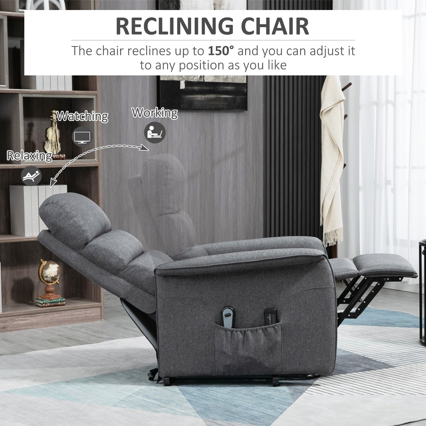 Grey Power Lift Recliner Chair for Elderly with Vibration Massage, Remote Control, Side Pockets, and Fabric Upholstery