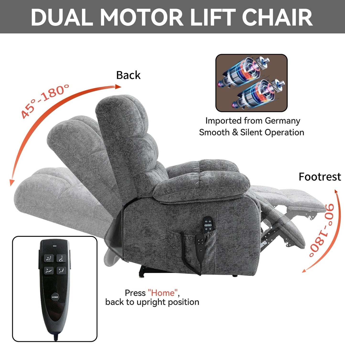 Grey Power Lift Recliner Chair with Heat and Massage, Dual Motor, Infinite Positions, Up to 350 LBS Capacity, Electric Recline