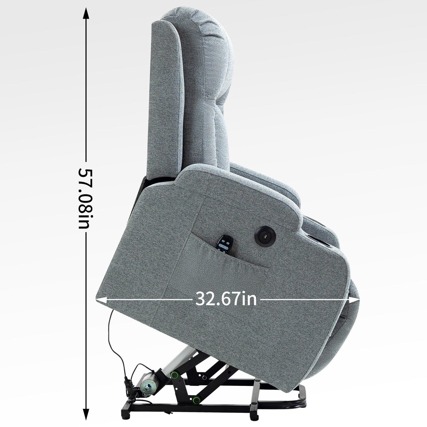 Grey Power Lift Recliner Chair with Massage, Heat, USB Port, Lumbar Support, Dual Cup Holders and Side Pockets