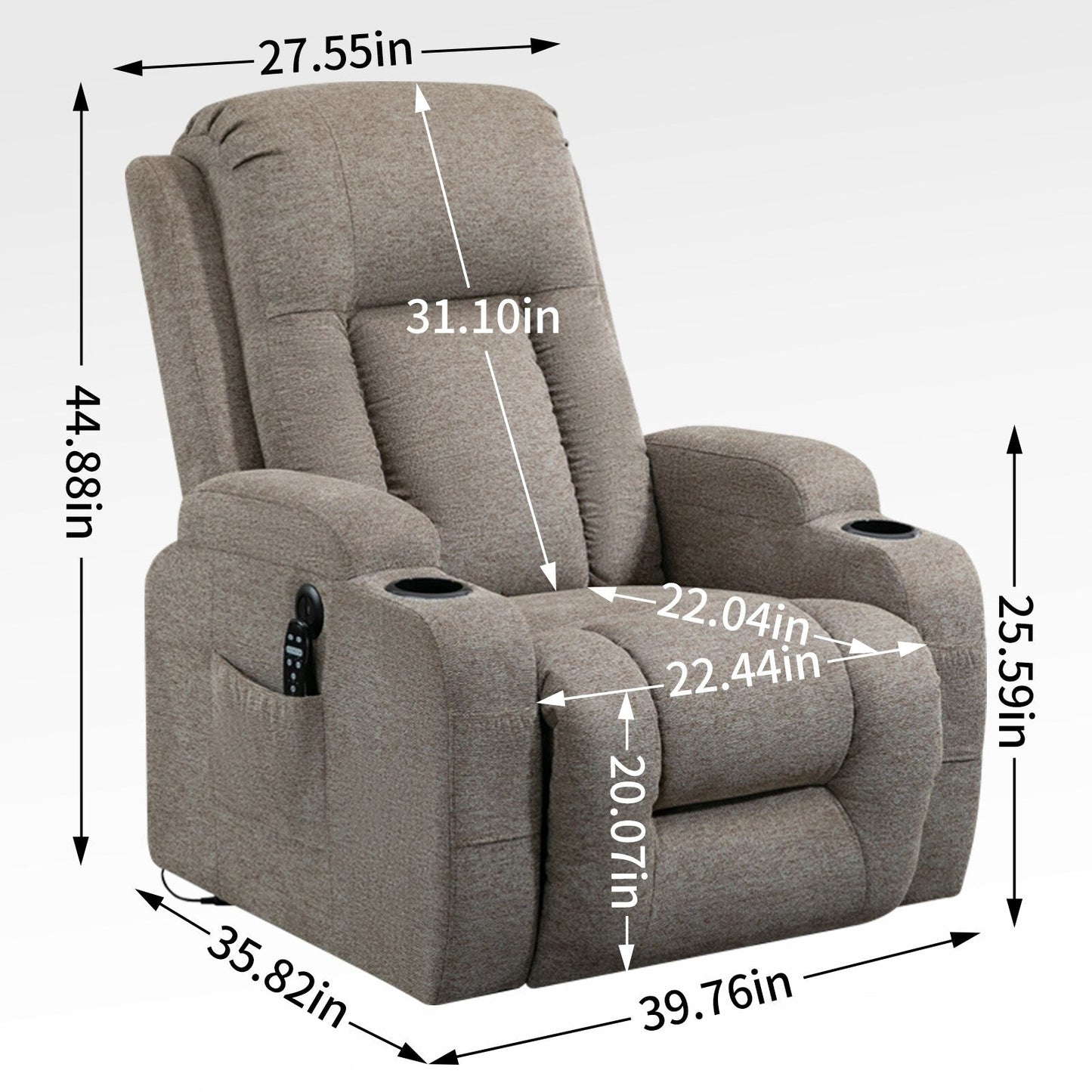 Grey Power Lift Recliner Chair with Massage, Heat, USB Port, Lumbar Support, Dual Cup Holders and Side Pockets
