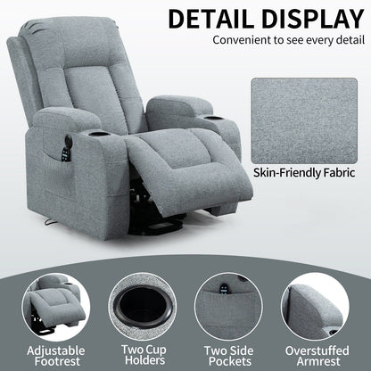 Grey Power Lift Recliner Chair with Massage, Heat, USB Port, Lumbar Support, Dual Cup Holders and Side Pockets
