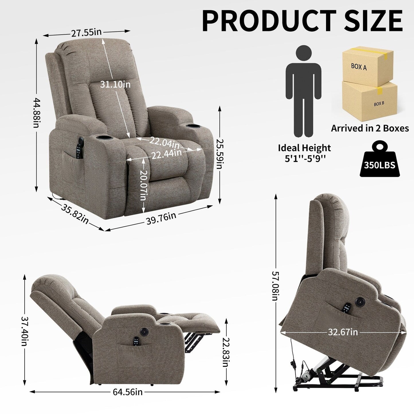 Grey Power Lift Recliner Chair with Massage, Heat, USB Port, Lumbar Support, Dual Cup Holders and Side Pockets