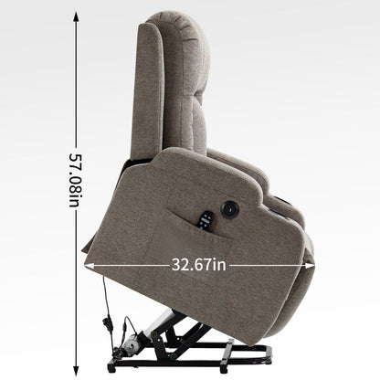 Grey Power Lift Recliner Chair with Massage, Heat, USB Port, Lumbar Support, Dual Cup Holders and Side Pockets