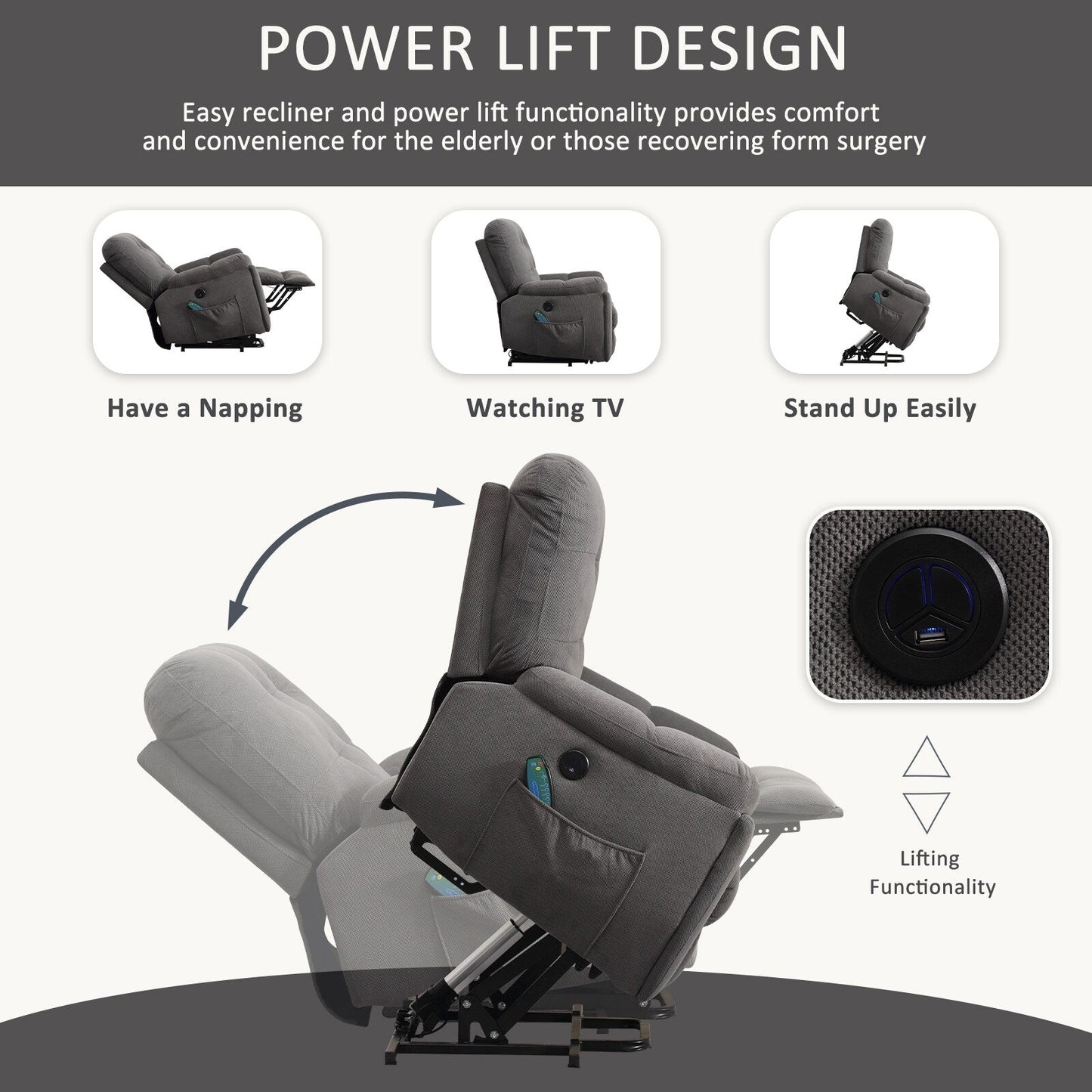 Grey Power Lift Recliner Chair with Massage, Heating, USB Port, and Hidden Cup Holders, Adjustable Positions, and Side Pockets