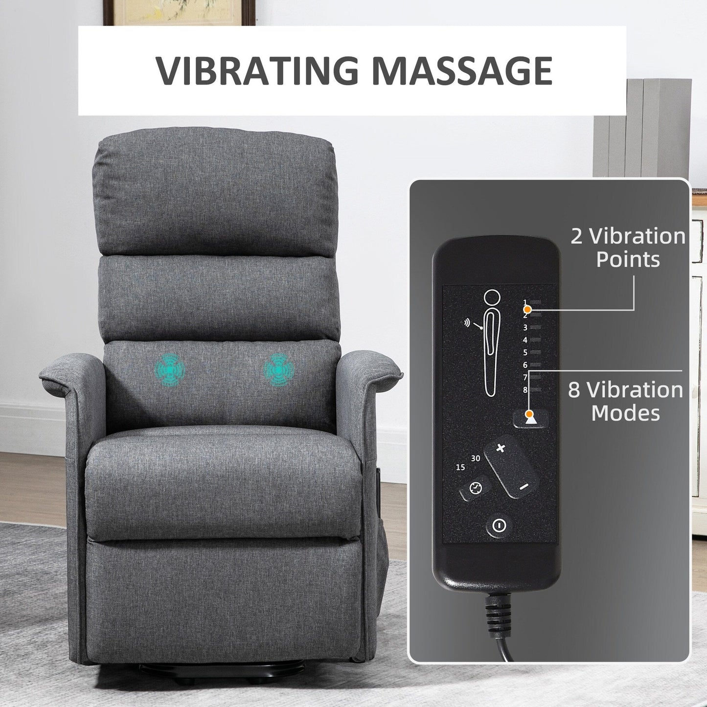 Grey Power Lift Recliner Chair with Vibration Massage, Remote, Side Pockets, Adjustable Recline and Footrest