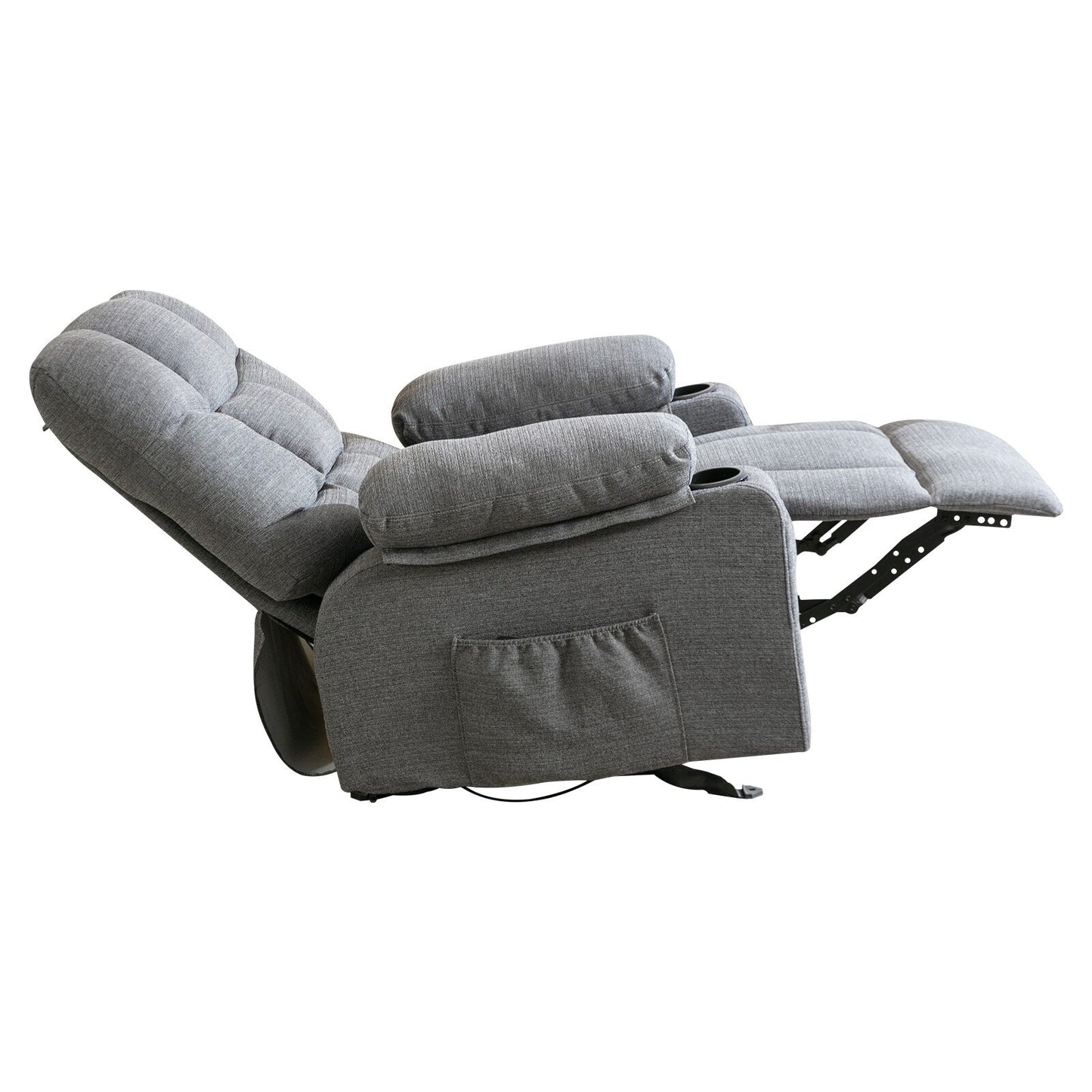 Grey Recliner Chair with Heated Massage, USB Ports, Side Pockets, and Dual Cup Holders for Relaxation