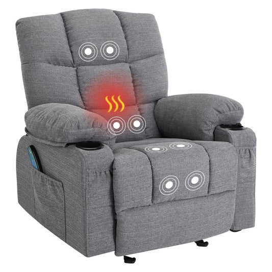 Grey Recliner Chair with Heated Massage, USB Ports, Side Pockets, and Dual Cup Holders for Relaxation