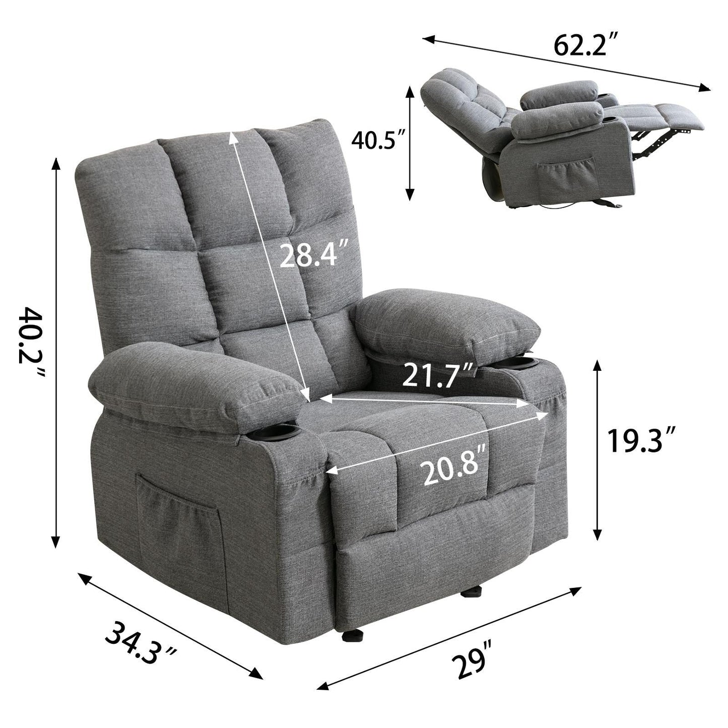 Grey Recliner Chair with Heated Massage, USB Ports, Side Pockets, and Dual Cup Holders for Relaxation