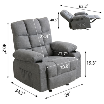 Grey Recliner Chair with Heated Massage, USB Ports, Side Pockets, and Dual Cup Holders for Relaxation