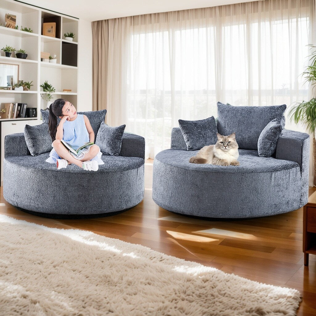 Grey Round Chenille Single Sleeper Sofa with Backrest Pillow