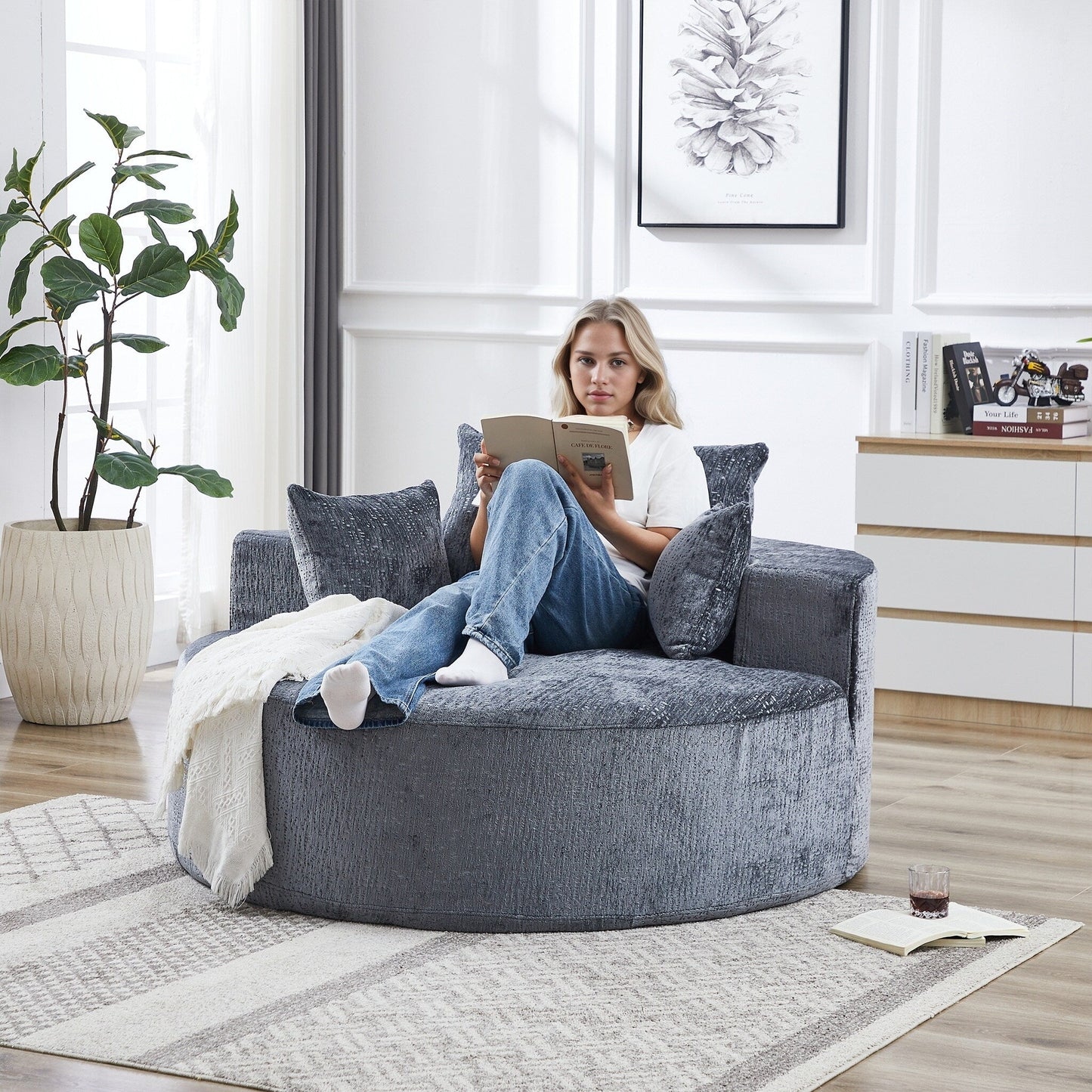 Grey Round Chenille Single Sleeper Sofa with Backrest Pillow