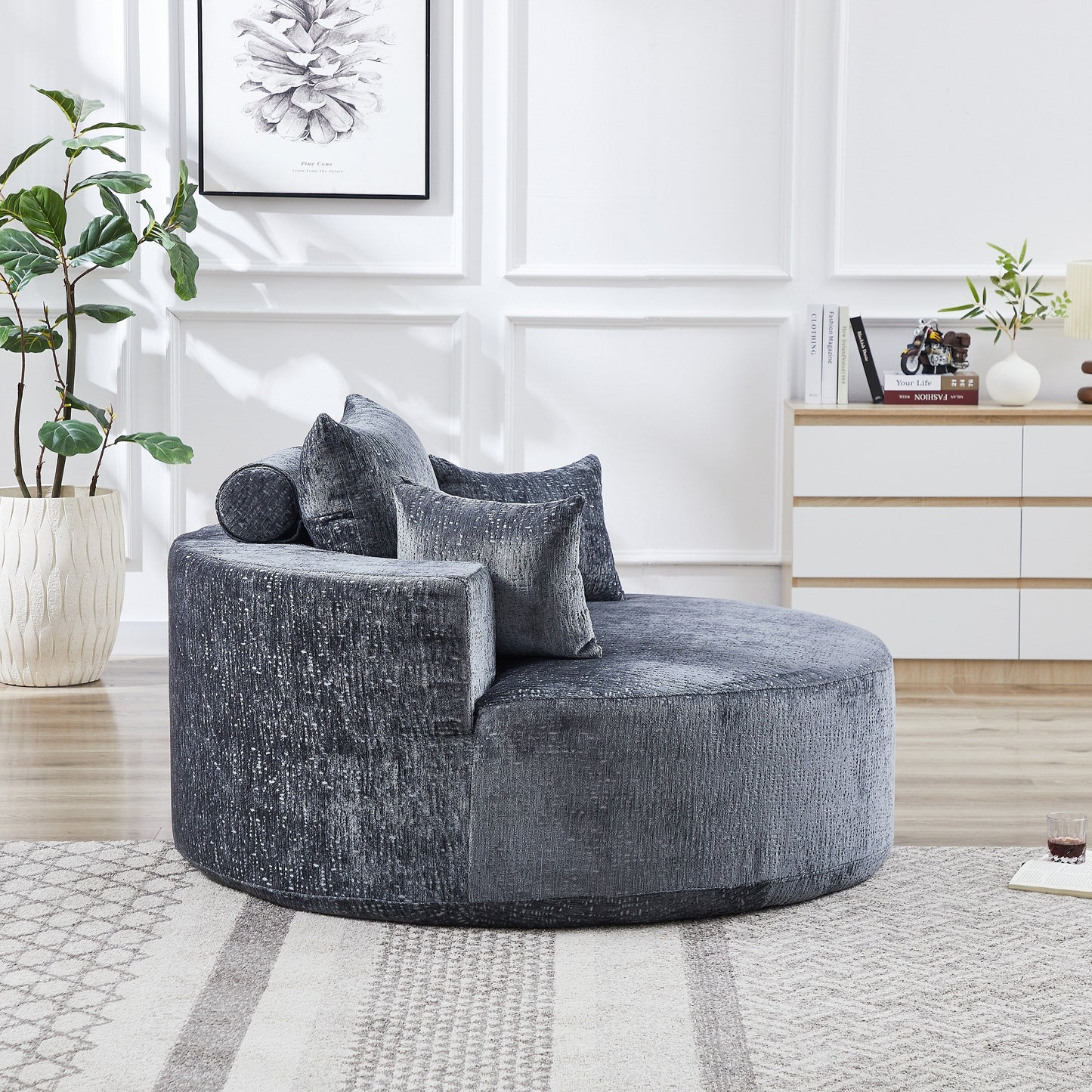 Grey Round Chenille Single Sleeper Sofa with Backrest Pillow